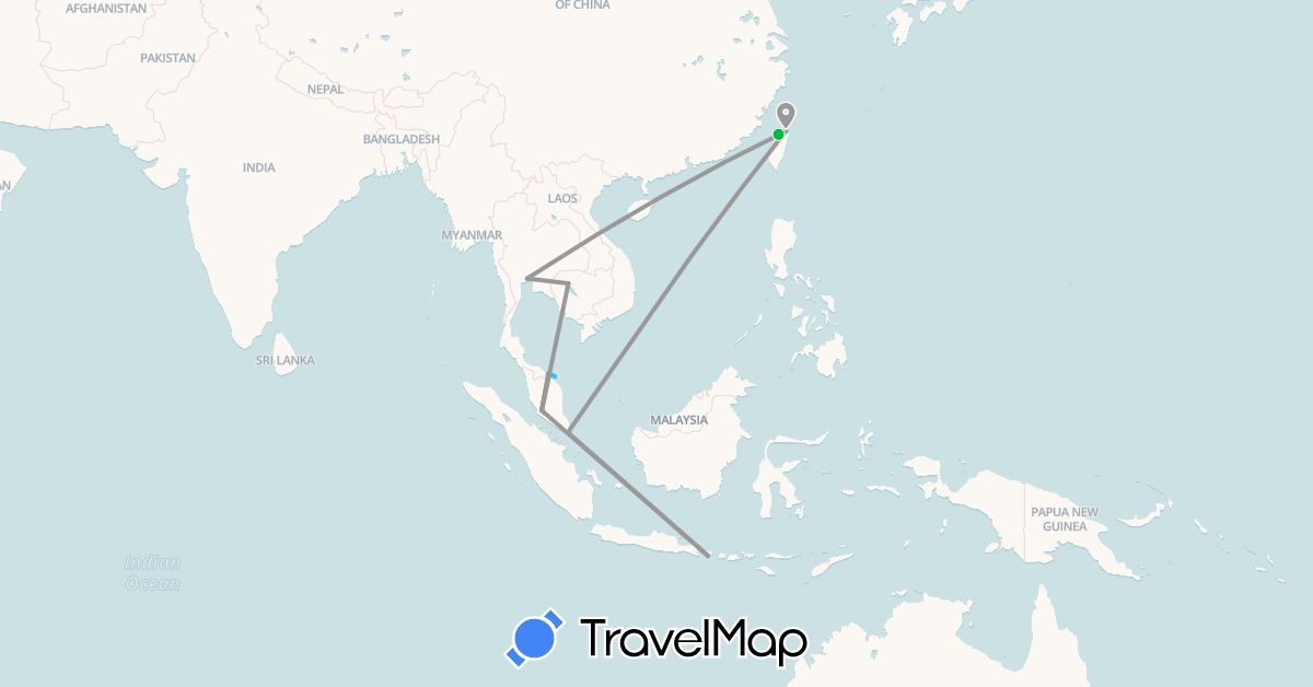 TravelMap itinerary: driving, bus, plane, boat in Cambodia, Malaysia, Singapore, Thailand, Taiwan (Asia)